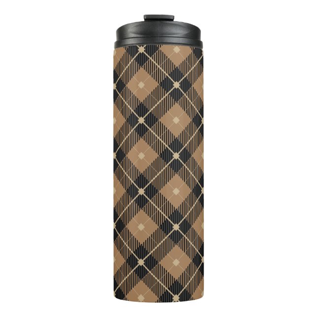 Trendy Black Brown Plaid Pattern Thermal Tumbler (Front)