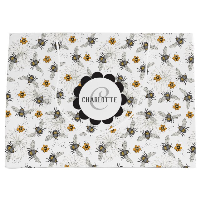 Trendy Black Buzzing Honeybee for Spring & Summer Large Gift Bag (Front)