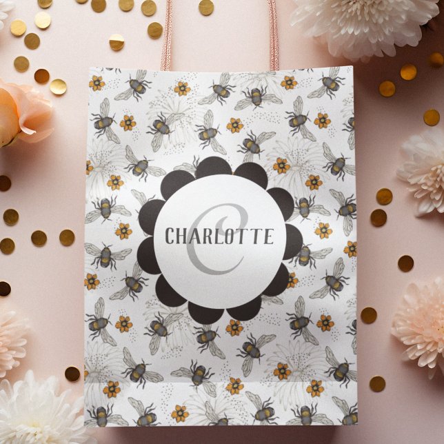 Trendy Black Buzzing Honeybee for Spring & Summer Medium Gift Bag (Beautiful happy bees dancing around yellow Cosmos flowers. Ideal for Baby Showers, New Baby, B-days)