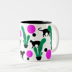 Trendy Black Cat and Cactus Pattern Two-Tone Coffee Mug