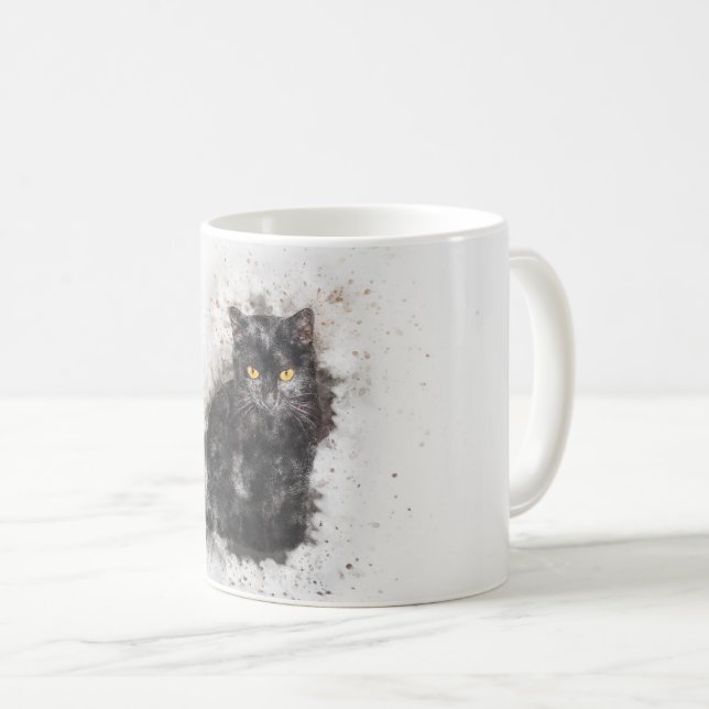Trendy Black Cat Distressed Image Coffee Mug (Front Right)