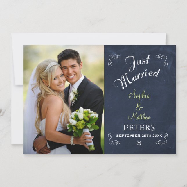 Trendy Black Chalkboard | Photo | Just Married Announcement (Front)