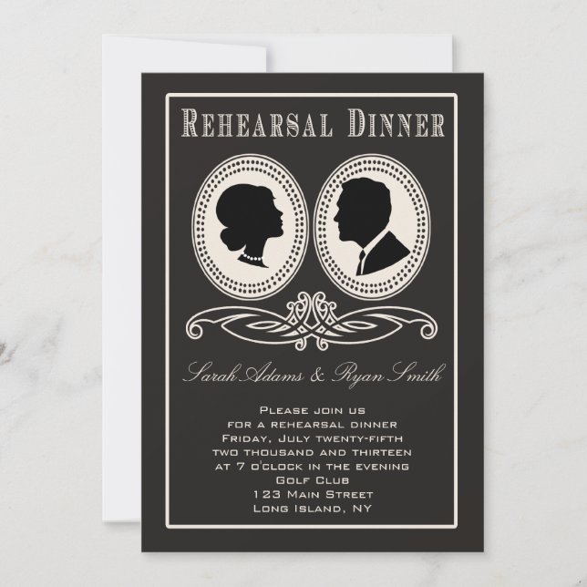 Trendy Black Chevron & Script Rehearsal Dinner Invitation (Front)