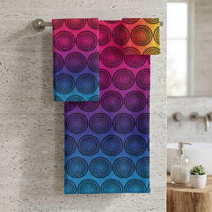 Trendy Black Circles on Rainbow Background Pattern Bath Towel Set