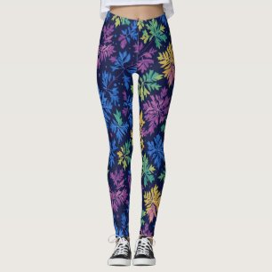 Trendy Black Colourful Leaves Botanical Pattern  Leggings