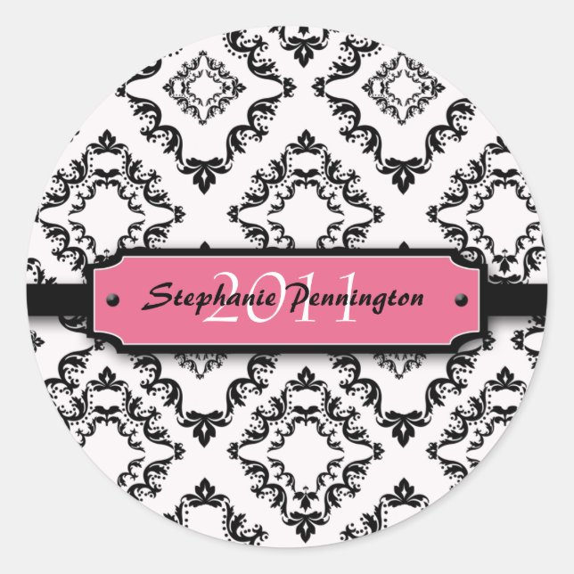 Trendy black damask graduation personalize sticker (Front)