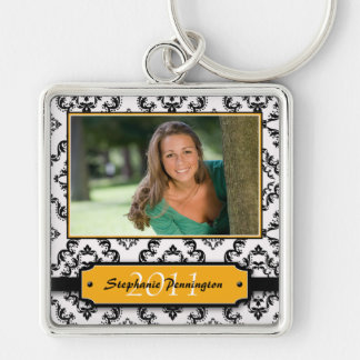 Trendy black damask graduation photo keychain
