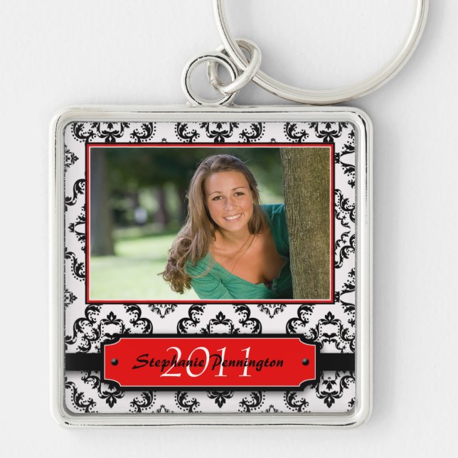 Trendy black damask graduation photo keychain (Front)