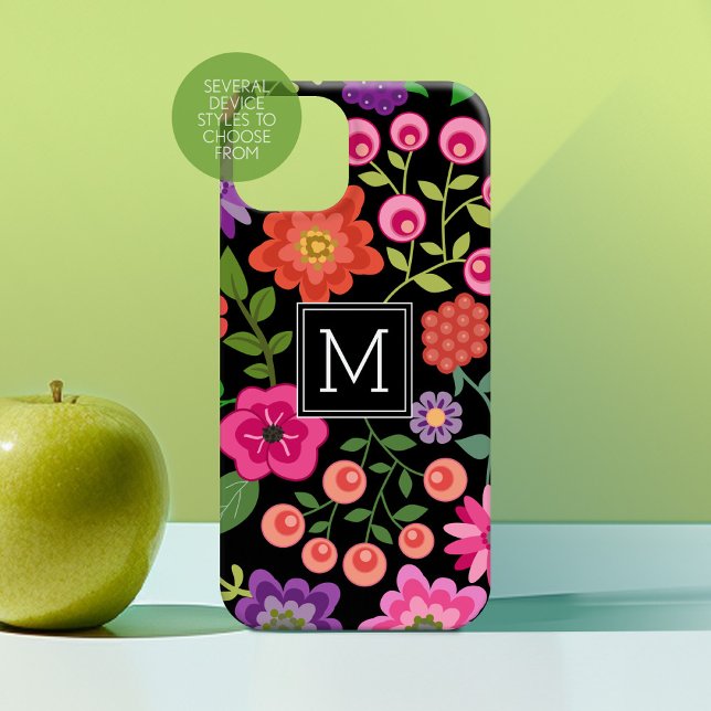 Trendy Black Floral Pattern with Custom Monogram (Personalized Phone Case with Custom Text - Choose a Device Style)