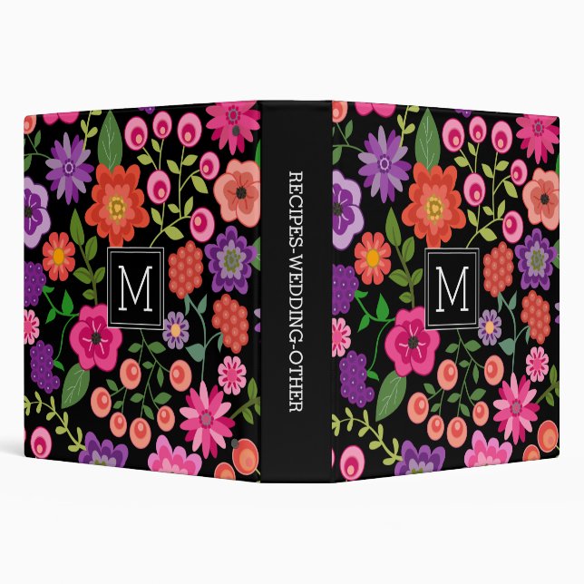 Trendy Black Floral Pattern with Custom Monogram Binder (Background)