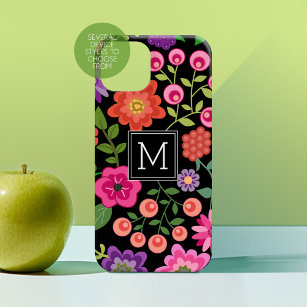 Trendy Black Floral Pattern with Custom Monogram Case-Mate iPhone 14 Case