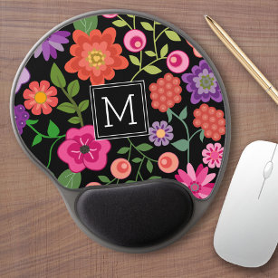 Trendy Black Floral Pattern with Custom Monogram Gel Mouse Pad