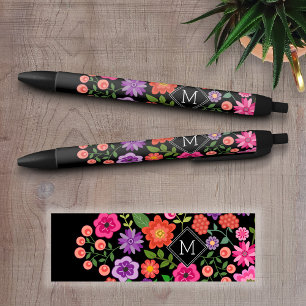 Trendy Black Floral Pattern with Custom Monogram Ink Pen