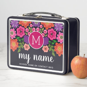 Trendy Black Floral Pattern with Custom Monogram Metal Lunch Box