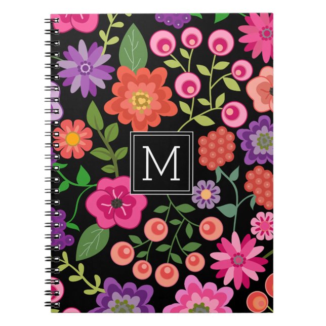 Trendy Black Floral Pattern with Custom Monogram Notebook (Front)