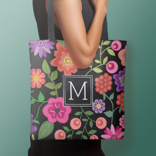 Trendy Black Floral Pattern with Custom Monogram Tote Bag