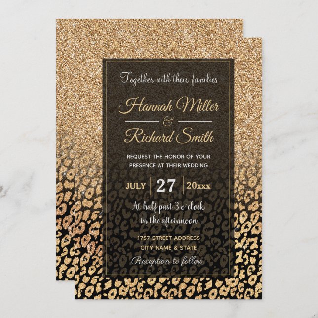 Trendy Black Gold Glitter Leopard Ombre Invitation (Front/Back)
