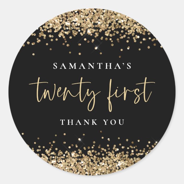 Trendy Black Gold Glitter Name 21st Thank You Classic Round Sticker (Front)