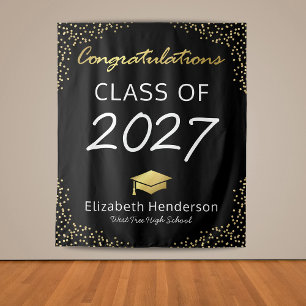 Trendy Black Gold Graduation Party Backdrop Tapestry