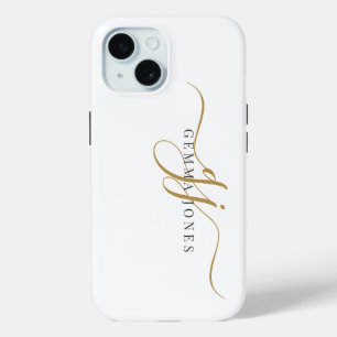 Trendy Black Gold Monogram Initial Script Name iPhone 15 Case