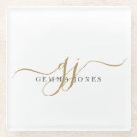 Trendy Black Gold Monogram Initial Script Name Glass Coaster<br><div class="desc">Bring understated elegance to your space with this personalized monogram coaster. Designed with graceful gold script initials and a refined serif name, it’s a modern yet timeless accent that works beautifully at home or at the office. Perfect for protecting adding a touch of sophistication, this versatile piece looks just as...</div>