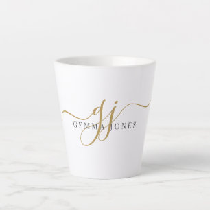 Trendy Black Gold Monogram Initial Script Name Latte Mug