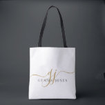 Trendy Black Gold Monogram Initial Script Name Tote Bag<br><div class="desc">Carry your style wherever you go with this elegant monogram tote bag. Designed with graceful gold script initials paired with a refined serif name, it blends modern sophistication with everyday function. Perfect for commuting, shopping trips, or keeping essentials organized at work, this versatile bag makes a thoughtful choice for weddings,...</div>