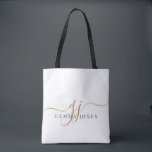 Trendy Black Gold Monogram Initial Script Name Tote Bag<br><div class="desc">Carry your style wherever you go with this elegant monogram tote bag. Designed with graceful gold script initials paired with a refined serif name, it blends modern sophistication with everyday function. Perfect for commuting, shopping trips, or keeping essentials organized at work, this versatile bag makes a thoughtful choice for weddings,...</div>