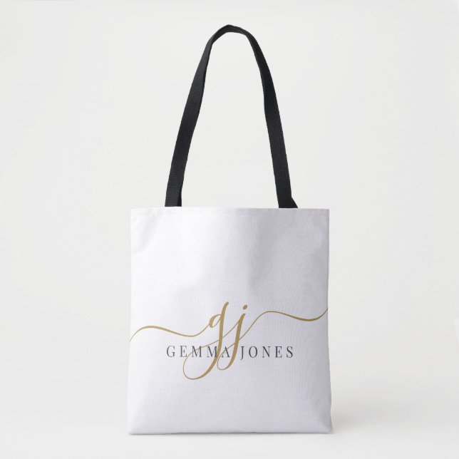 Trendy Black Gold Monogram Initial Script Name Tote Bag (Front)
