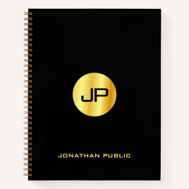 Trendy Black Gold Monogram Name Elegant Modern Notebook (Front)