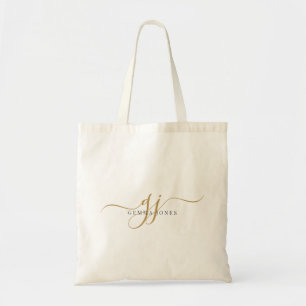 Trendy Black Gold Monogram Script Initials Name Tote Bag