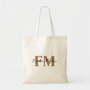 Trendy Black Gold Monogram Two Initials Script Tote Bag