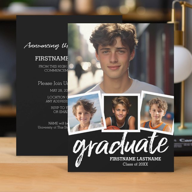 Trendy Black Graduation Announcement Party 4 Photo (Classic Graduation Announcement and Party Invitation with 4 Photos)