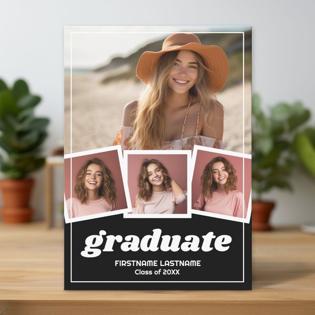 Trendy Black Graduation Party 4 Photo Invitation (Custom Graduation Announcement and Invitation)
