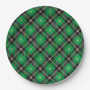Trendy Black Green Plaid Pattern Paper Plate