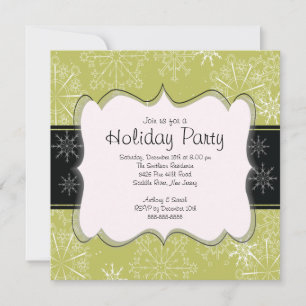 Trendy Black & Green Snowflakes Holiday Party Invitation