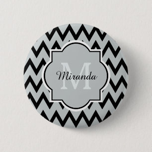 Trendy Black Grey Chevron Zigzag Name and Monogram 2 Inch Round Button