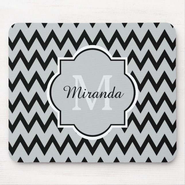 Trendy Black Grey Chevron Zigzag Name and Monogram Mouse Pad (Front)