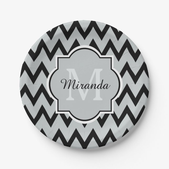 Trendy Black Grey Chevron Zigzag Name and Monogram Paper Plate (Front)