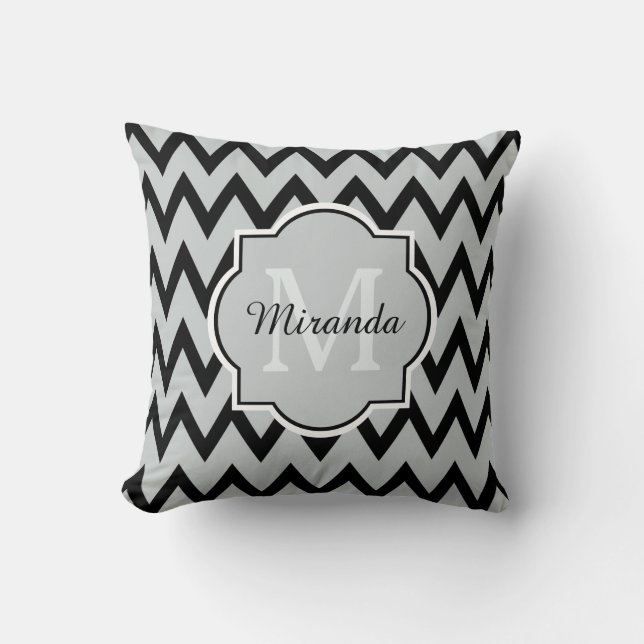 Trendy Black Grey Chevron Zigzag Name and Monogram Throw Pillow (Front)