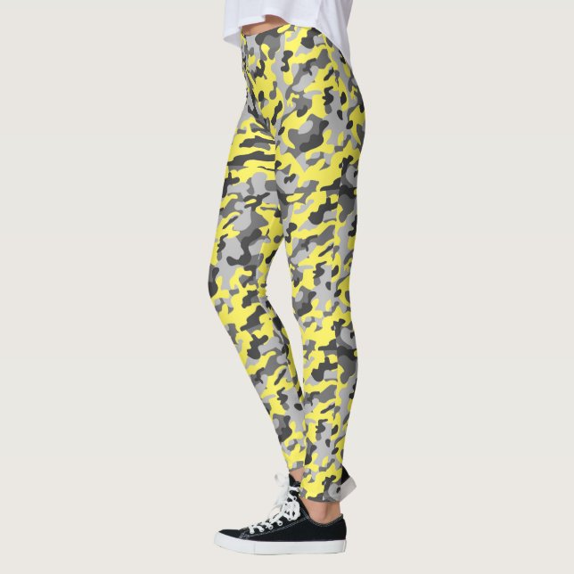 Trendy Black, Grey & Yellow Camo Print Sports Leggings (Left)
