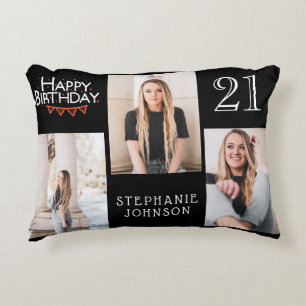 Trendy Black Happy 21st Birthday Photo Collage Accent Pillow