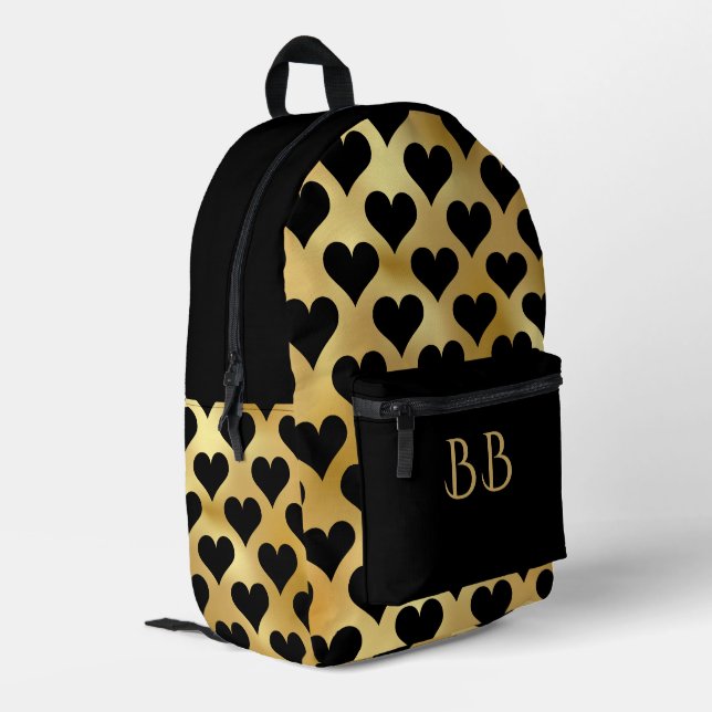 Trendy Black Hearts on Gold with Custom Initials Printed Backpack (Back Corner Left)