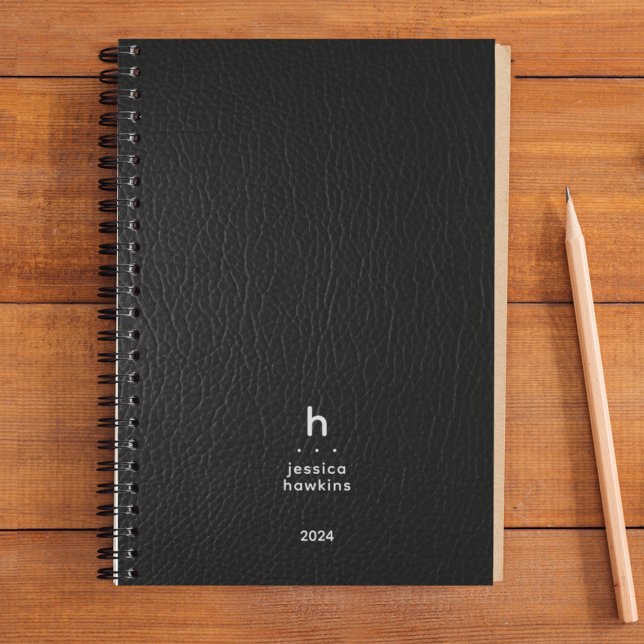 Trendy Black Leather Modern Monogram Weekly Planner (Creator Uploaded)