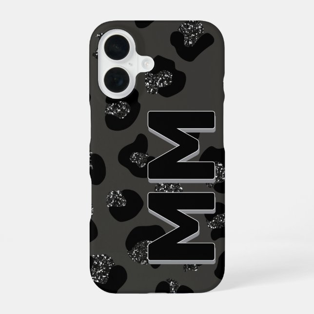 Trendy Black Leopard Print Dark Shadow Monogram  iPhone 16 Case (Back)