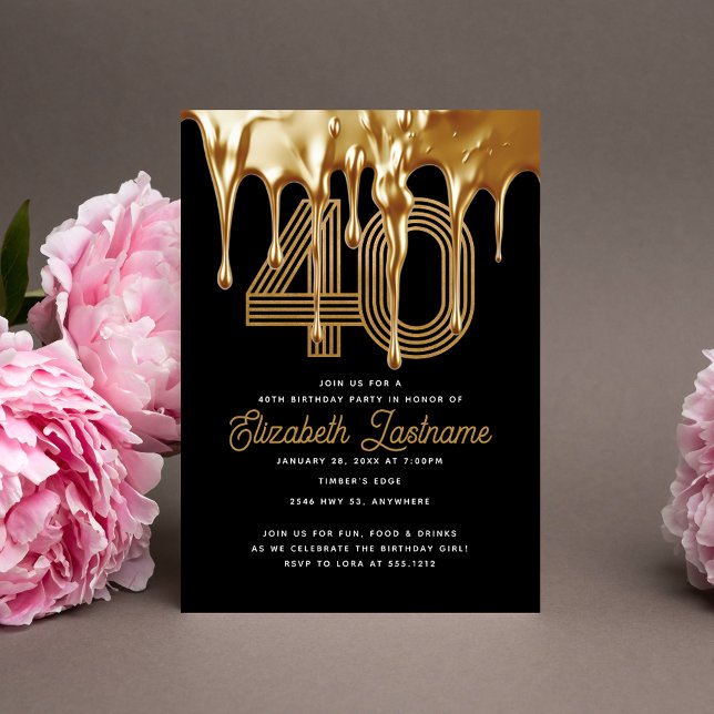 Trendy Black Liquid Gold Drip 40th Birthday Invitation (Creator Uploaded)