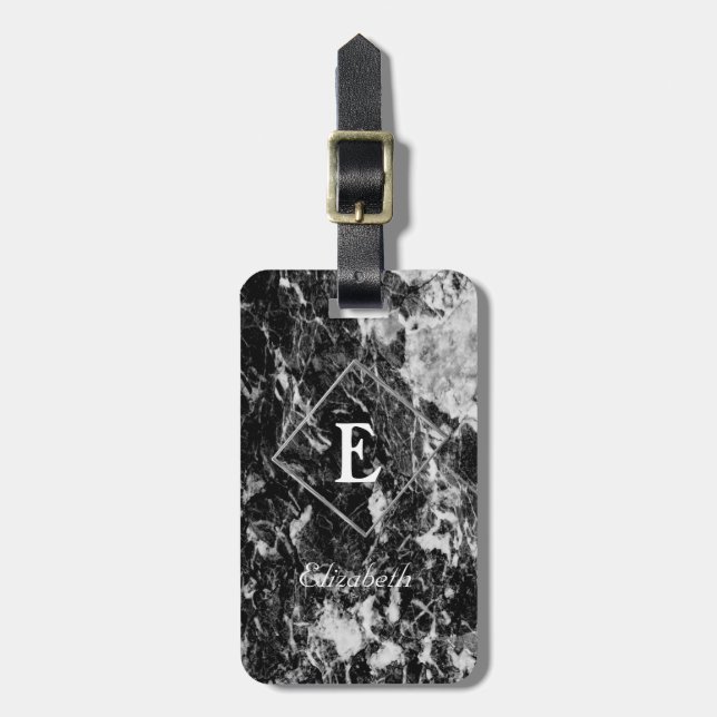 Trendy Black  Marble ,Frame Monogram-Personalized Luggage Tag (Front Vertical)