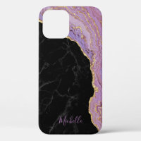 Trendy Black Marble Purple & Gold Agate with Name