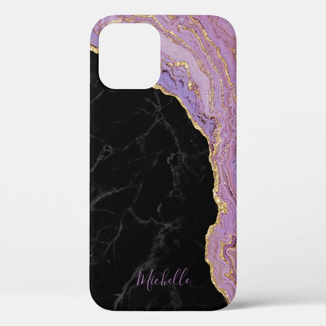 Trendy Black Marble Purple & Gold Agate with Name Case-Mate iPhone Case (Back)
