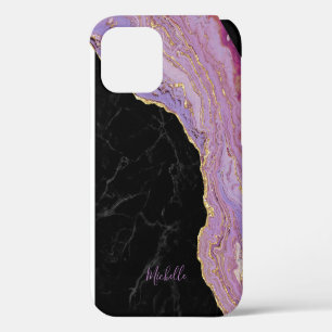 Trendy Black Marble Purple & Gold Agate with Name iPhone 12 Case